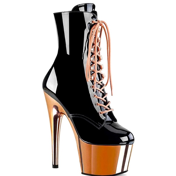 Pleaser Flamingo black Patent Platform Boots lace up sz. 6 Rose Gold 8” stiletto - Picture 2 of 12
